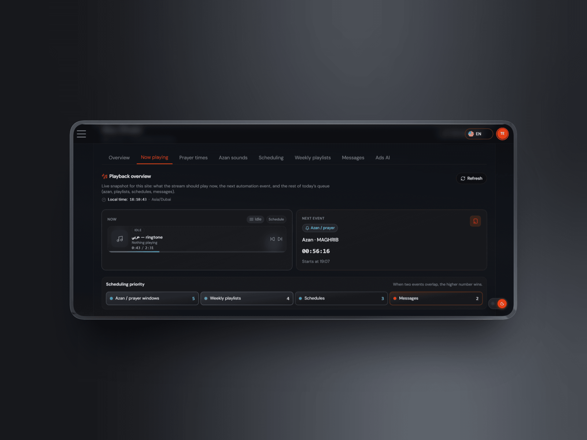 Qaissar Studio prayer times and Adhan settings